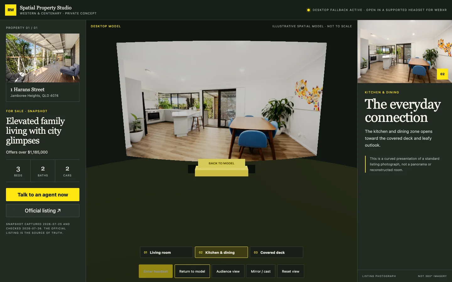 Prototype room moment curving the kitchen and dining listing photograph around the presentation view