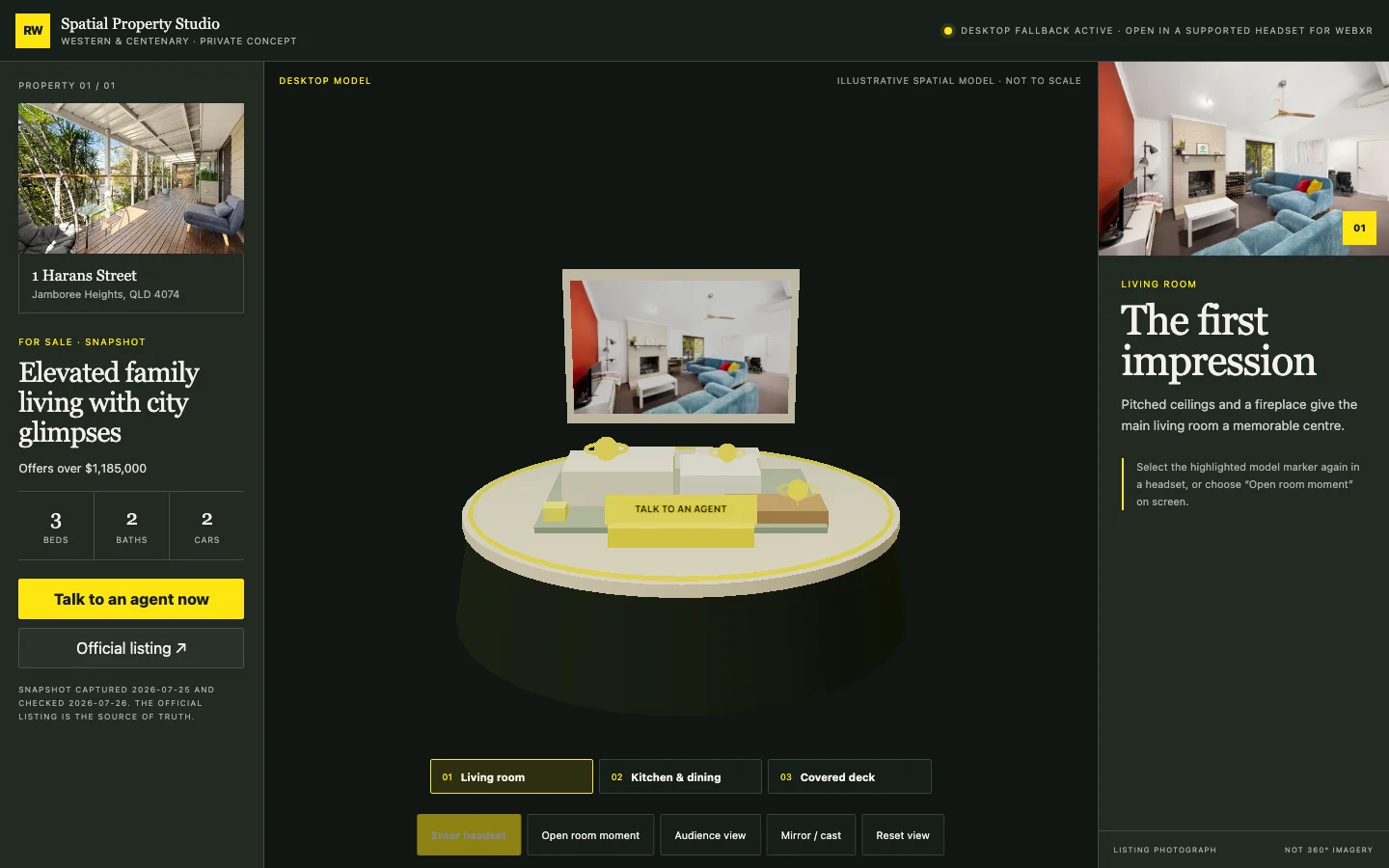 RW Spatial Property Studio interface showing a tabletop property model, verified listing details and three room moments